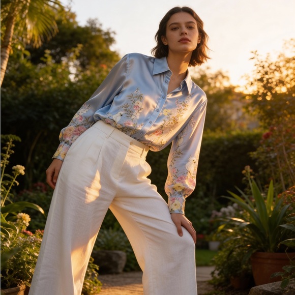 Rachel Zoe Tops - Rachel Zoe Blue Printed Floral Satin Collared Button Down Shirt